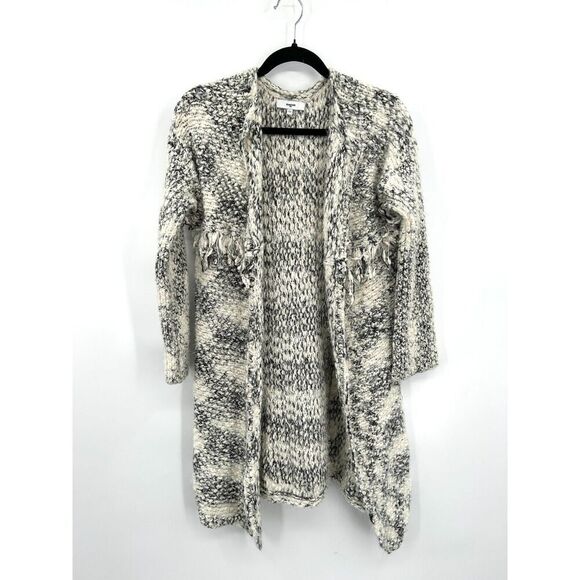 SUNCOO Gray White Knit Super Soft Cozy Fringe Open Cardigan Sweater Size Medium - Picture 1 of 6